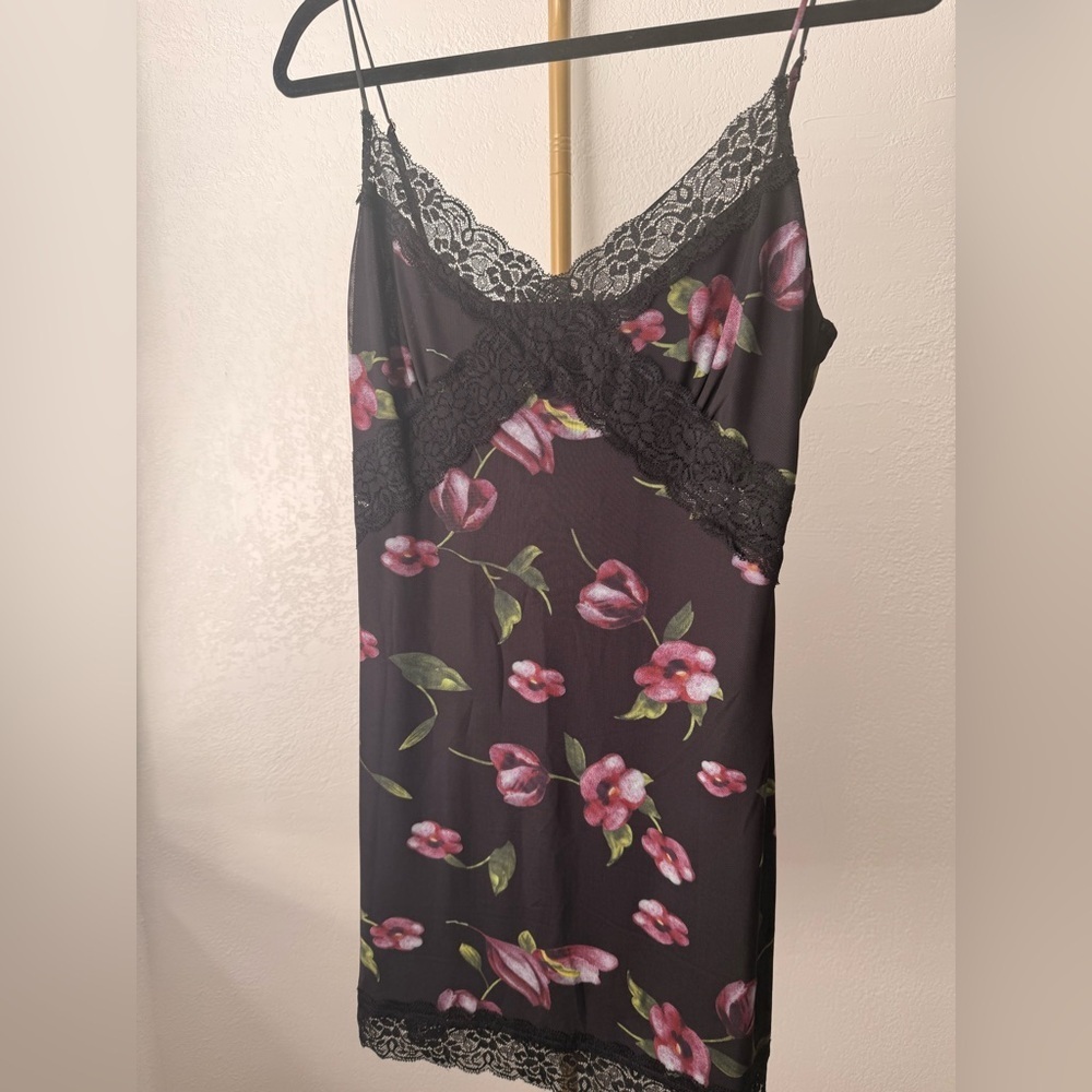 White Fox Floral Lace Slip Dress Black Pink Mini